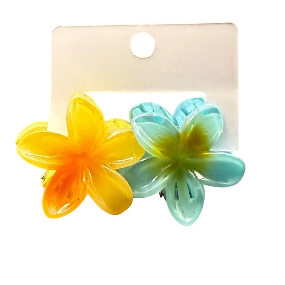 2pc Hibiscus Flower Hair Claw Clips Blue Yellow Tropical Floral Summer Accessory